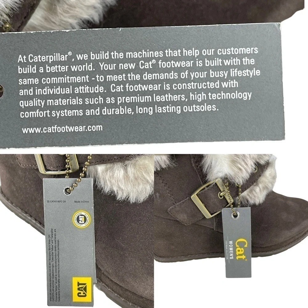 CATERPILLAR CAT BOISTEROUS FAUX FUR CAFE BROWN SUEDE WEDGE WINTER BOOTIES BOOTS